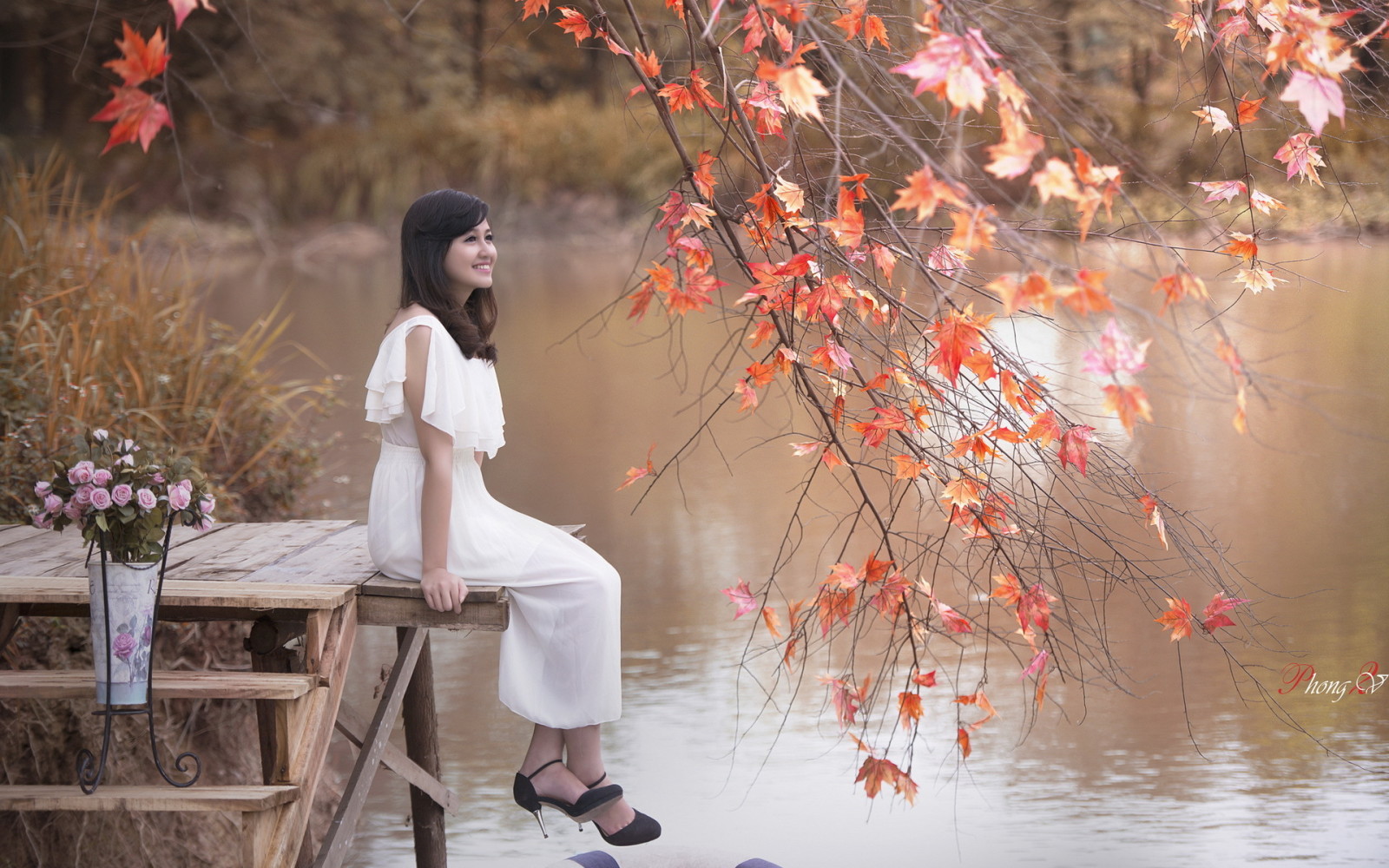 lake, girl, asian