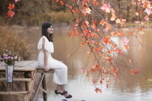 asian, girl, lake