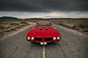 1970 GTO, nubes, Frente, GTO, colinas, luces, Pontiac, la carretera