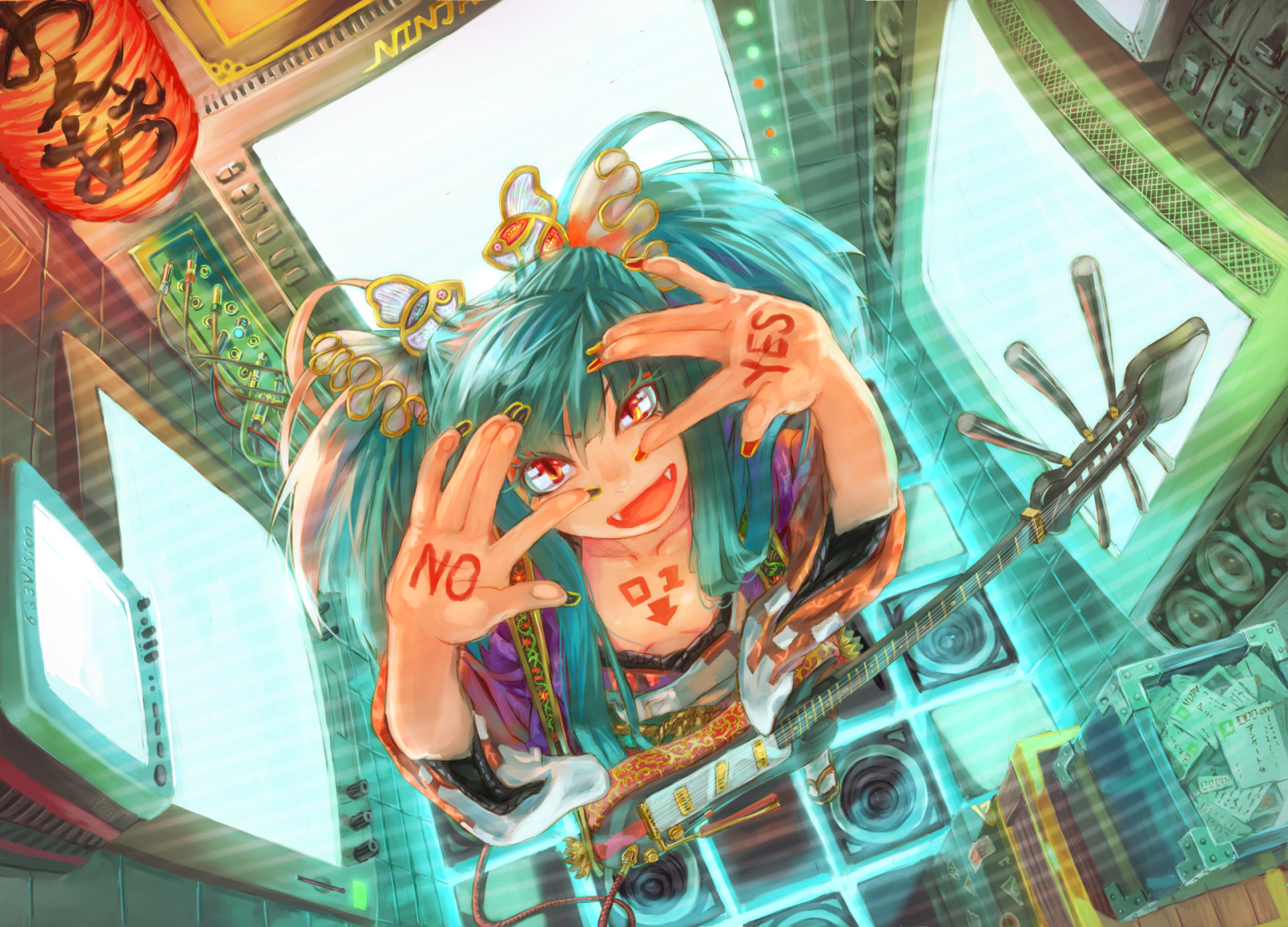 girl, guitar, vocaloid, hatsune miku, wire, moneraty