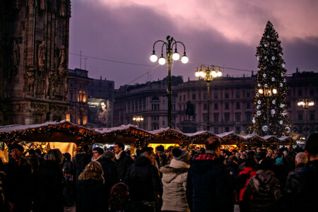 Milán, Milano, Piazza Duomo, Vánoční strom, město, strom