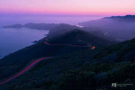 niebla, Kenji Yamamura, luces, montañas, fotógrafo, la carretera, crepúsculo