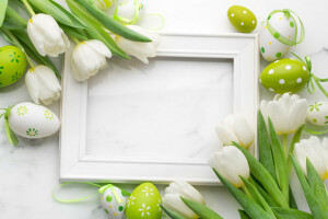 Pascua de Resurrección, huevos, flores, primavera, tulipanes