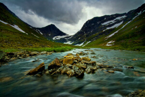 forest, mountains, nature, river, stones