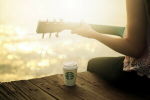 girl, guitar, light