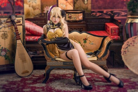 asian, bangs, black, blonde, carpet, chest, cosplay, costume