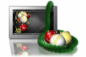 ballen, Kerstmis-, vakantie, Nieuwjaar, reflectie, tablet, klatergoud, witte achtergrond