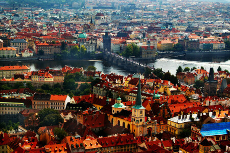 Charles Bridge, Τσεχική Δημοκρατία, Σπίτι, πανόραμα, Πράγα, ποτάμι, πύργος