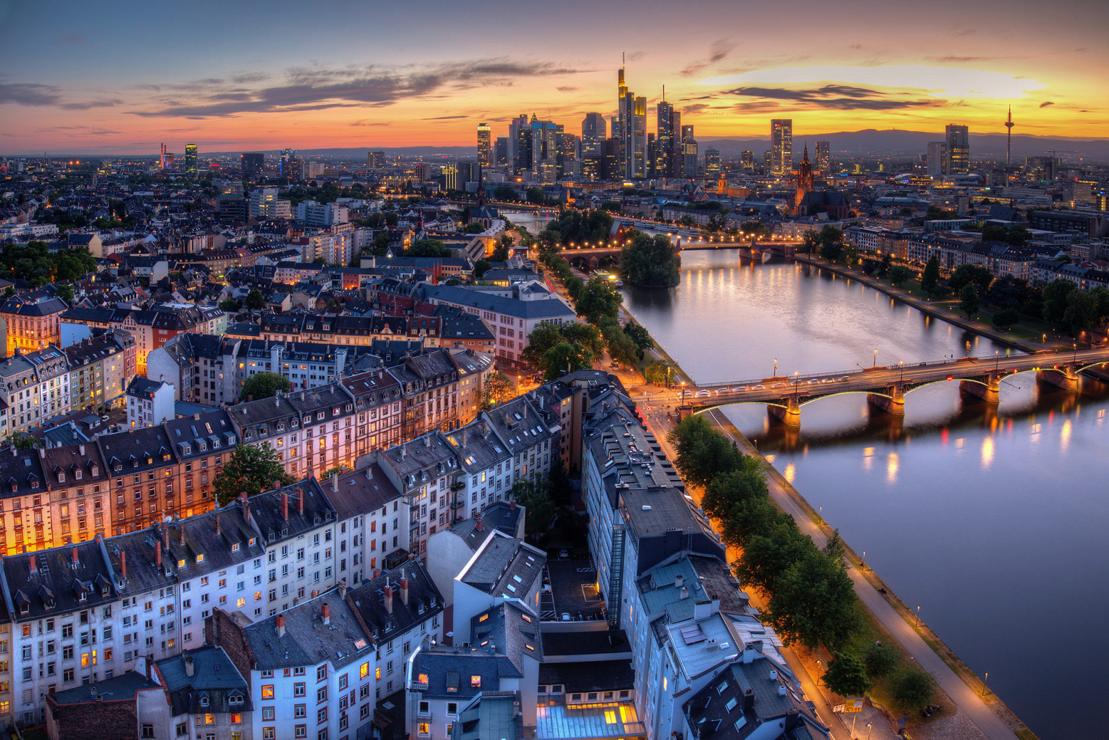 la ville, le soir, rivière, lumières, Allemagne, Pont, Francfort-sur-le-main