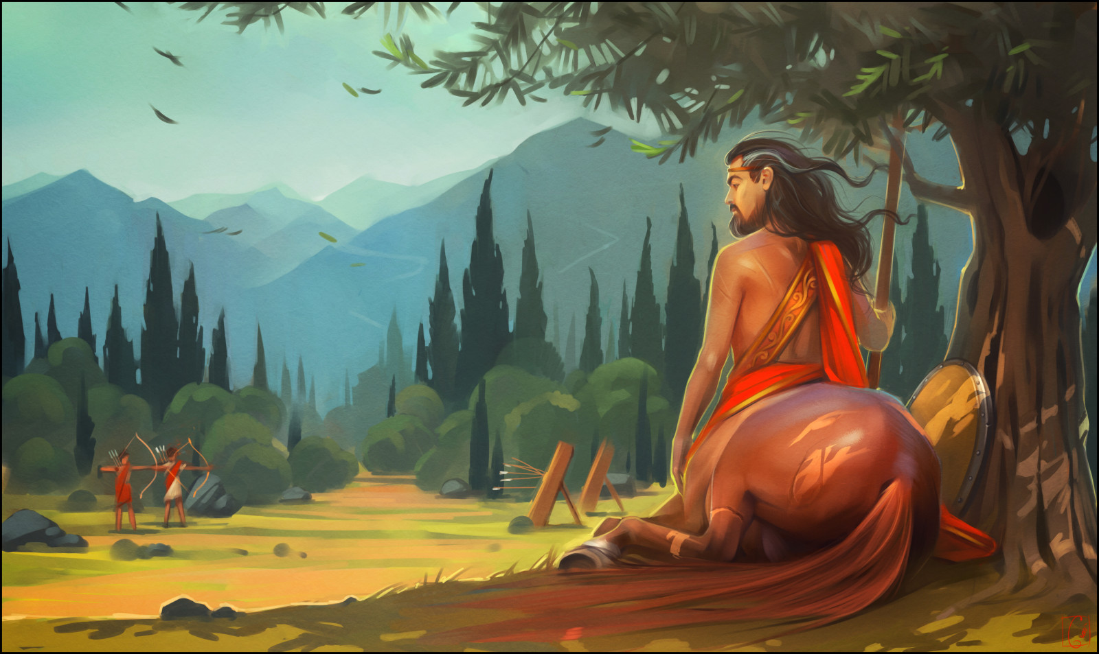 tree, landscape, art, mountains, Chiron, Mythology, Centaur