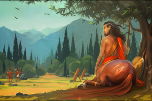 art, Centaur, Chiron, landscape, mountains, Mythology, tree