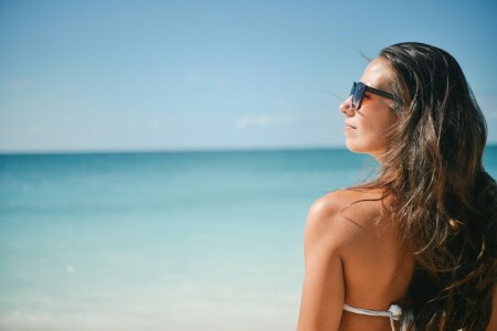 back, beach, enjoy, sun, sunglasses