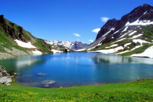 erba, lago, paesaggio, montagne, il cielo