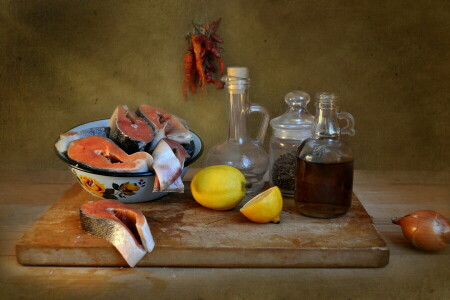 composition, dishes, fish, products, Still life