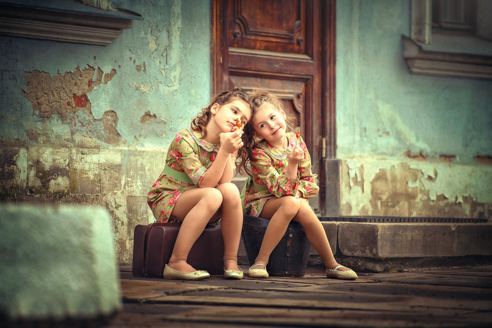 bambini, ragazze, la porta, Sorelle