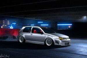 Golf, night, Parking, tuning, Volkswagen, white