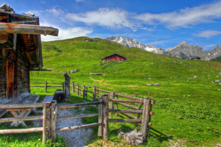 Alpene, skyer, hus, eng, fjellene, steiner, Sveits, himmelen