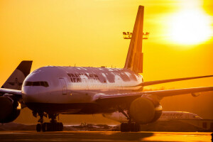 300, 777, aerolíneas, aeropuerto, Boeing, Mañana, amanecer, el sol