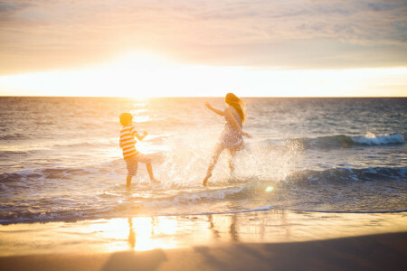 playa, chico, estado animico, mar, puesta de sol, Mujer