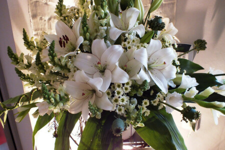 buchet, crizantemă, flori, gladiole, Crin, fotografie, alb