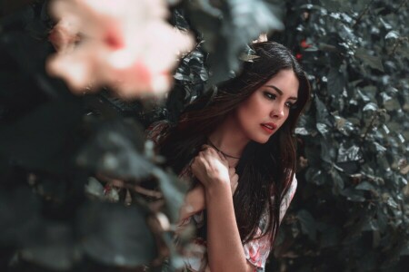 girl, hair, hands, leaves, Suanny Andrade