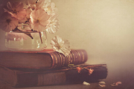 Banque, livres, fleurs, style