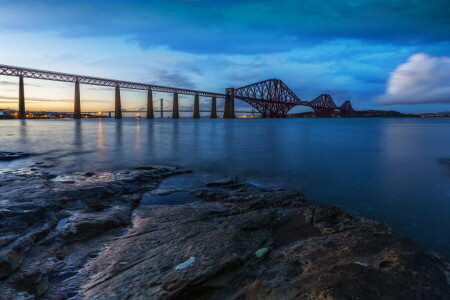 Bahía, Puente, costa, luces, Escocia, piedras, puesta de sol, la noche