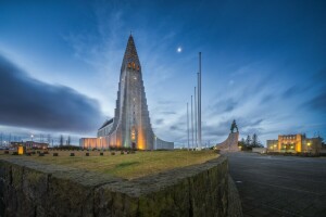 Iglesia, nubes, Islandia, Monumento, Reikiavik, la noche, el cielo