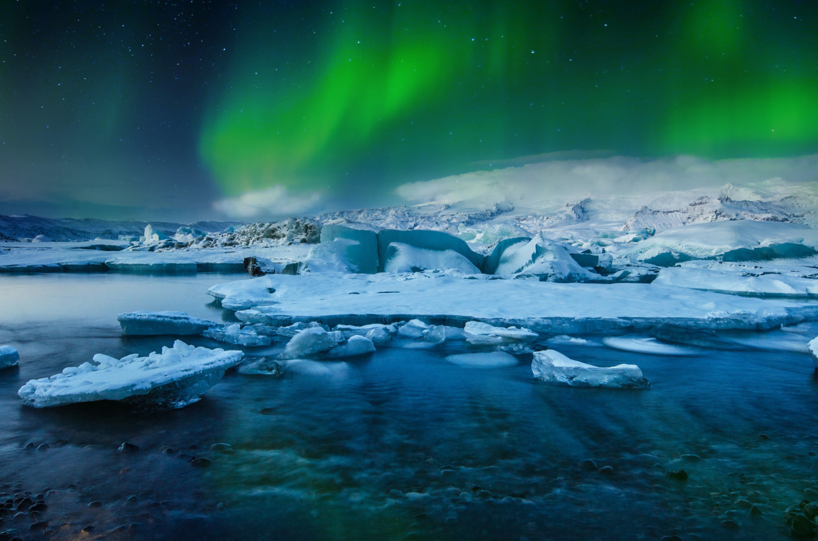 nieve, lago, hielo, invierno, luces, Aurora, estrellas, Islandia