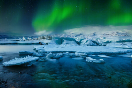 Aurora, borealis, Frozen, Glacial, ice, Iceland, Jokulsarlon, lake