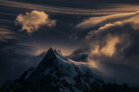 nuvens, Montanha, natureza, neve, pôr do sol, topo