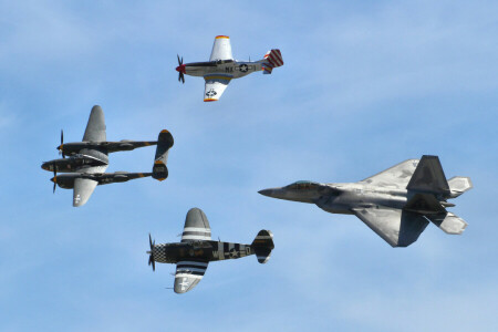 F-22 Raptor, flight, lightning, Mustang, P-38, P-51, P47, Thunderbolt