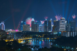 edificio, por Tan Bing Dun, fuegos artificiales, Kallang, ciudad de noche, Singapur, rascacielos