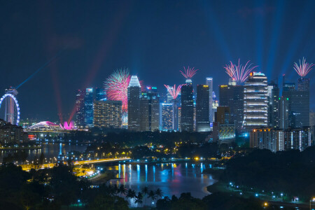 gebouw, door Tan Bing Dun, vuurwerk, Kallang, nacht stad, Singapore, wolkenkrabbers