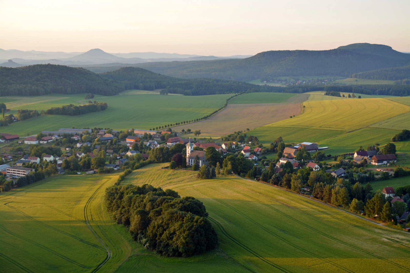 the sky, trees, field, home, hills, town