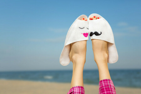 accessoires, strand, voeten, zee, slippers, blijven, zomer, zon