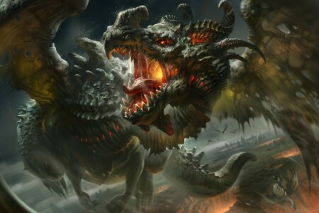 art, dragon, face, fangs, fire, teeth, wings