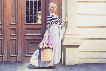 blonde, cutie, face, flowers, girl, hair, skirt, summer