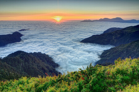 clouds, mountains, sun. dawn