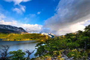 nori, pădure, lac, munţi, natură, râu, copaci