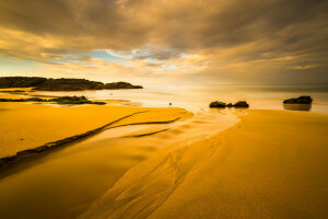 skyer, bergarter, sand, hav, shore, steiner, solnedgang, himmelen