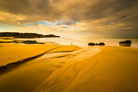 clouds, rocks, sand, sea, shore, stones, sunset, the sky