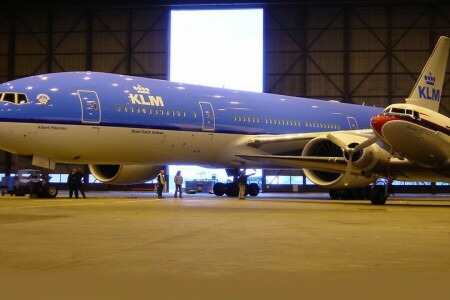 300, 777, Ar francês, Boeing, motor, Hangar, KLM, pessoas