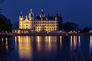 blu, castello, Germania, lago, illuminazione, luci, notte, riflessione