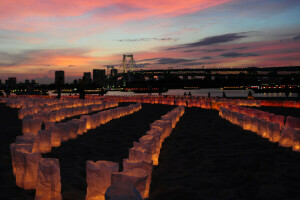 Híd, felhők, Japán, Lámpák, tengeri park, Odaiba, napnyugta, a város