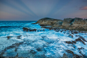 nubes, Rayos, rocas, mar, chorro, piedras, tormenta, puesta de sol