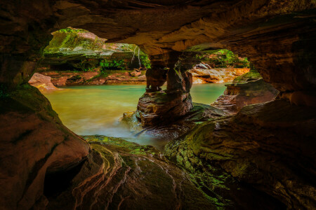 río, rocas, la gruta, agua