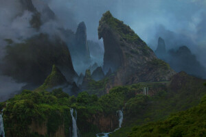 forêt, île, montagnes, le volcan, cascade