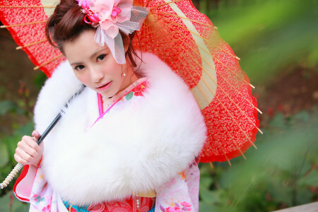 asian, clothing, face, kimono, look, umbrella