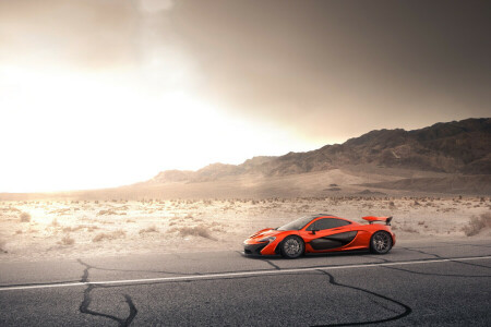 Desert, Front, McLaren, orange, road, storm, supercar